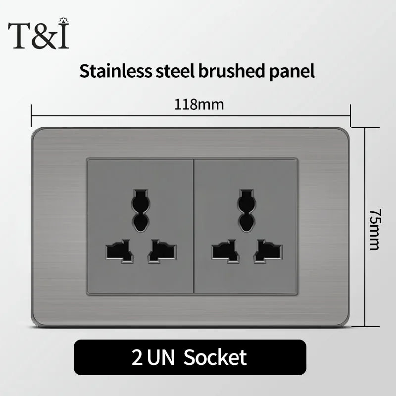 T&I 118 Premium Stainless Steel Brushed Wall Socket with USB Type - C, US Switch, Thai Plug for Home & Office Use