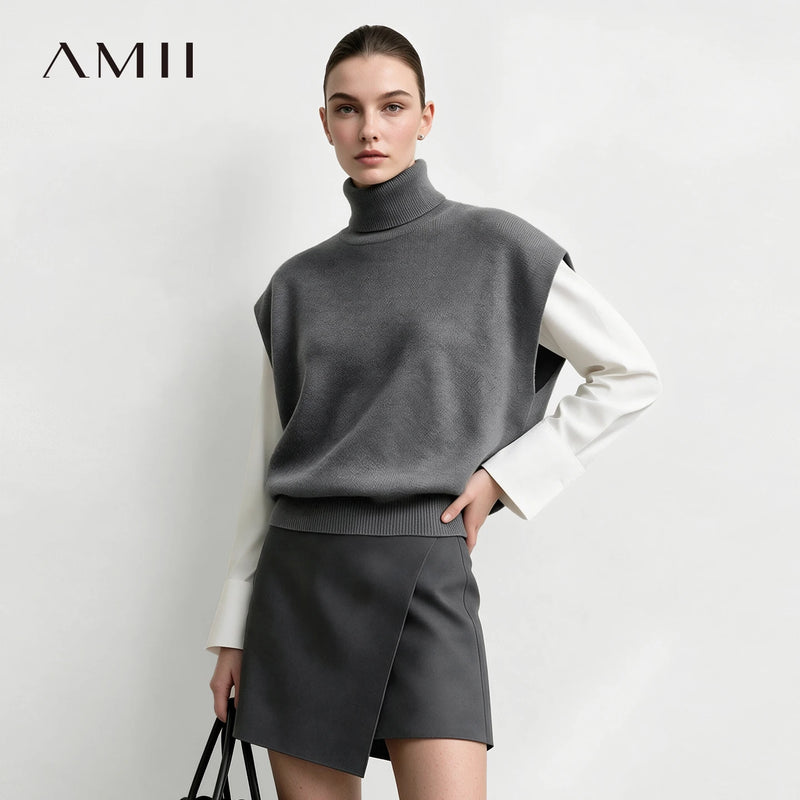 Amii Women's 2 Piece Set Foldover Turtleneck Knit Vest A-Line Skirt Casual 2026 Autumn Women's Sweater Sold Separately 12643040