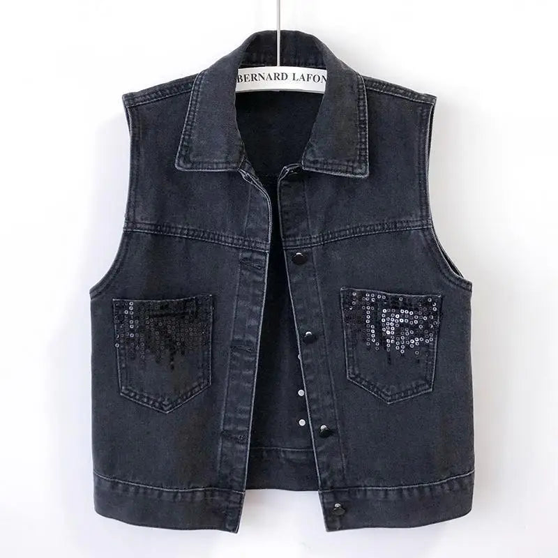 Fashion Sequined Large Size Denim Women's Vest Jacket Korean Version Sister Spring Autumn Short Waistcoat Buttons Pockets Top