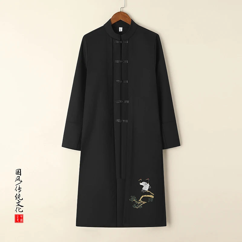 Chinese-style Men Black Trench Coat,Single-breasted Stand-up Collar Embroidered Long Jacket,Vintage-inspired Male Statement Top.