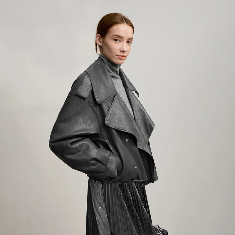 AMII Down Jacket Woman 2026 Winter New PU Leather Lapel Long Sleeves Simple Top Woman Loose With Belt Short Down Coats 12544080
