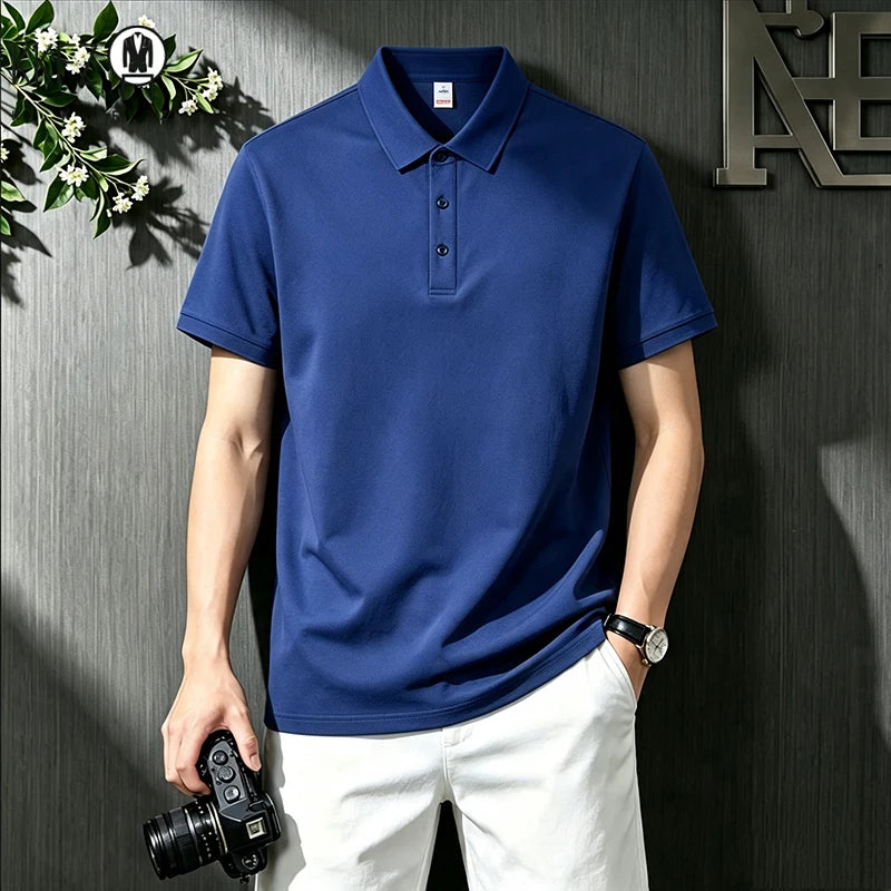 Loose Fit Short Sleeve Solid Polo For Males Turn Down Collar Button Placket Streetwear Simple Casual Wear Top