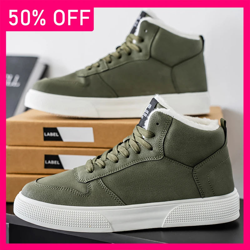Men Board Shoes Winter New Plush Leather Non-slip Fashion Versatile Outdoor Walking Shoes Comfortable Warm Casual Shoes Man