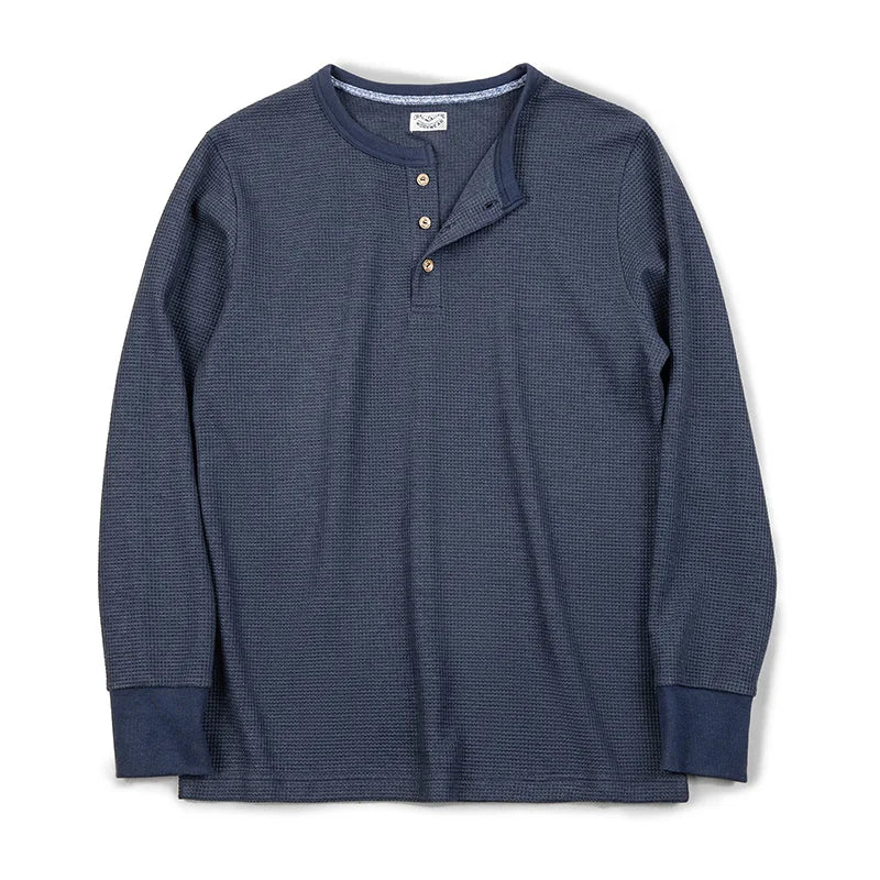 Maden Vintage Navy Blue Waffle Henley Shirt for Men Long Sleeve Slim-fit T-shirts Spring Bottom Knit Sweater Crew Neck T Shirt
