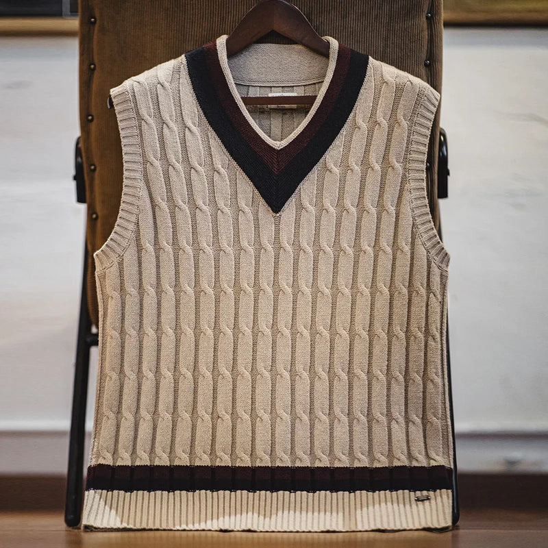 Maden Retro Ivy Knit V-Neck Sweaters Vest Color-Block Sleeveless Classic Versatile Men's Khaki Tops with Preppy Style for Autumn