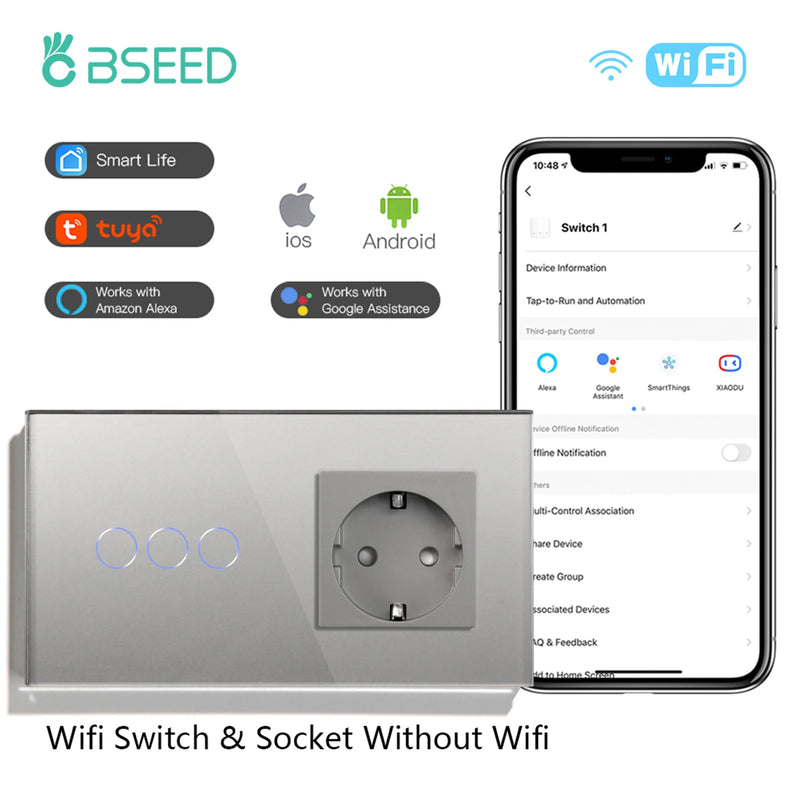 BSEED Wifi Light Switches Smart Wall Switch 1/2/3Gang 1/2/3/4Way Touch Sensor Switch With Normal Socket Support Tuya Smart Life
