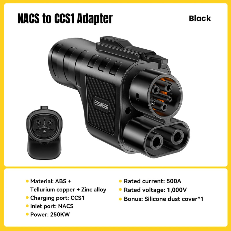 អាដាប់ទ័រ Essager NACS ទៅ CCS1 សមសម្រាប់ប្រព័ន្ធចាក់សោរស្វ័យប្រវត្តិរបស់ Volvo Ford សម្រាប់អាដាប់ទ័រសាកថ្ម Tesla Supercharger សមសម្រាប់ Tesla V1/V2/V3/V4 DC