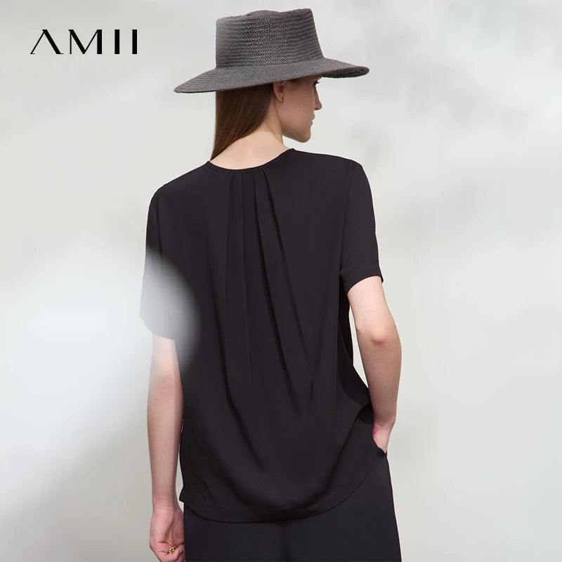 អាវធំ AMII Office Lady Solid សម្រាប់រដូវក្តៅថ្មីឆ្នាំ ២០២៥ កមូលដៃខ្លីរមួលមុខក្រោយអាវពីរទិសសម្រាប់ស្ត្រី 12522105