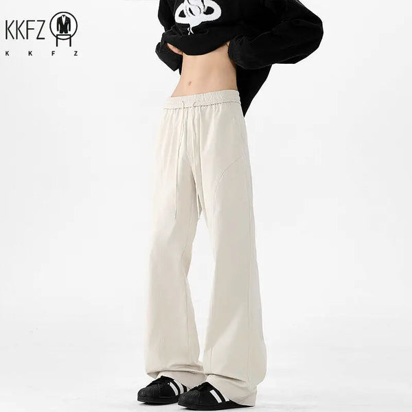 Men Minimalist Loose Wide Leg Pants Drawstring Elastic Waist Comfort Smooth Fabric For Everyday Urban Casual Dressing