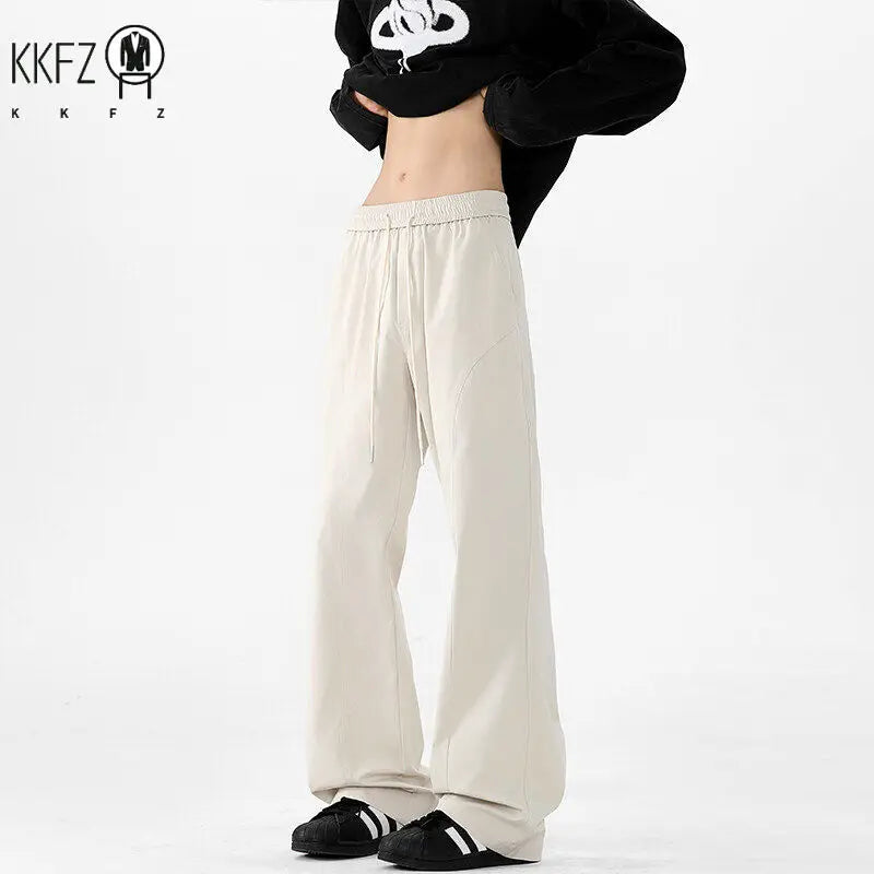 Men Minimalist Loose Wide Leg Pants Drawstring Elastic Waist Comfort Smooth Fabric For Everyday Urban Casual Dressing