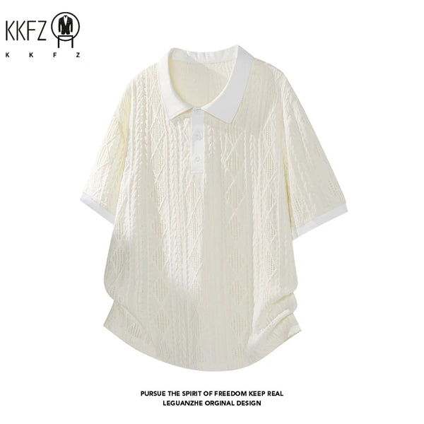 Men Lapel Collar Polo Short Sleeve Top Rhombus Jacquard Weave Partial Button Closure For Youth Casual Street Fashion Style