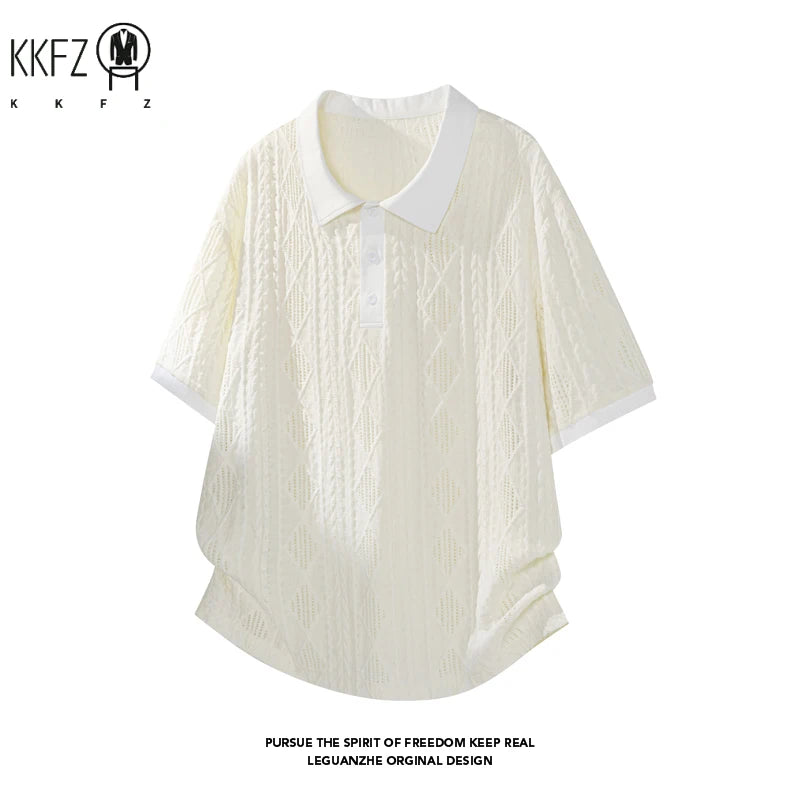 Men Lapel Collar Polo Short Sleeve Top Rhombus Jacquard Weave Partial Button Closure For Youth Casual Street Fashion Style