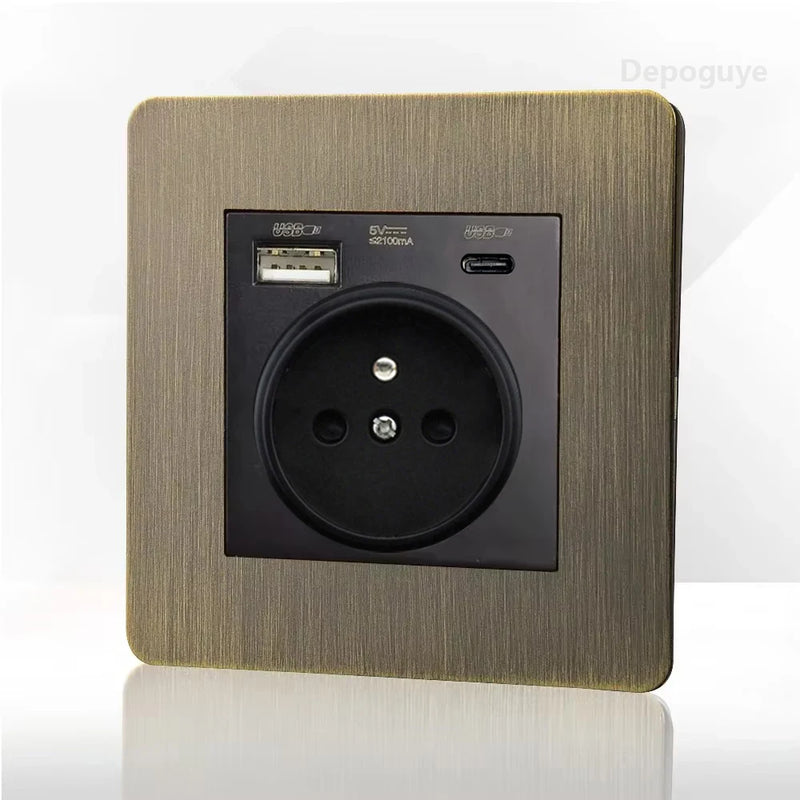 Retro Eu Metal Panel Wall Toggle Light Switch Socket,Bronzed Antique Stainless Steel German 16A Socket with USB Phone Charging