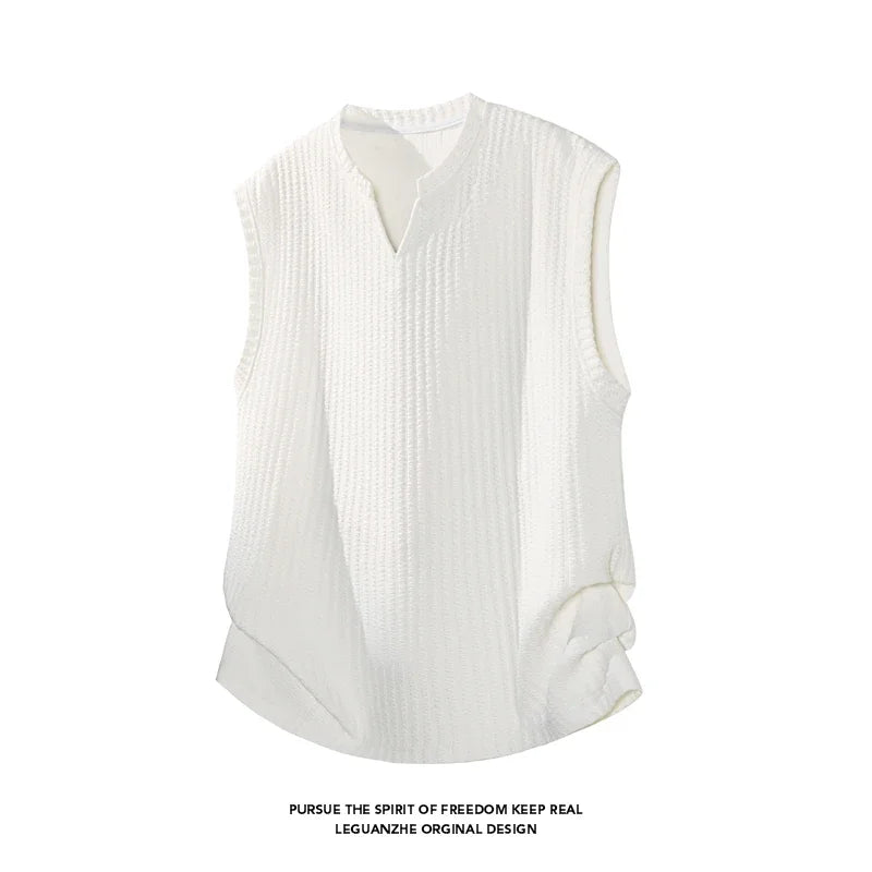 Mens Vertical Ribbed Knit Sleeveless Vest Notched Collar Oversized Cutting Suitable For Vacation Dating And Casual Scenes