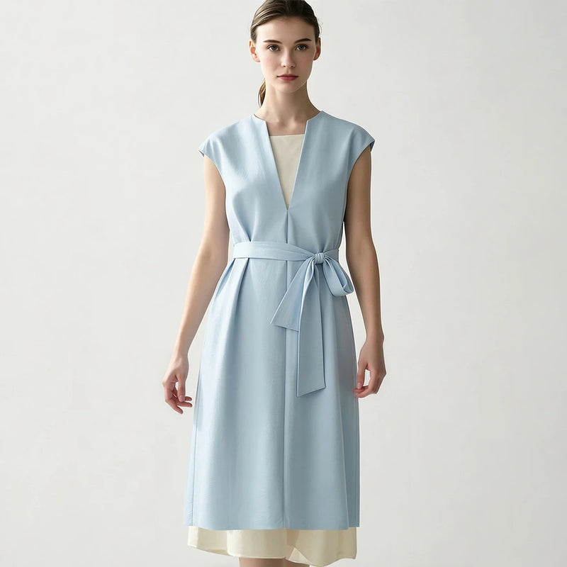 Amii Women's Dress 2026 Summer New Layer Tie Color Block Patchwork Office Lady Midi Dress Loose Shift Woman Clothing 12652053