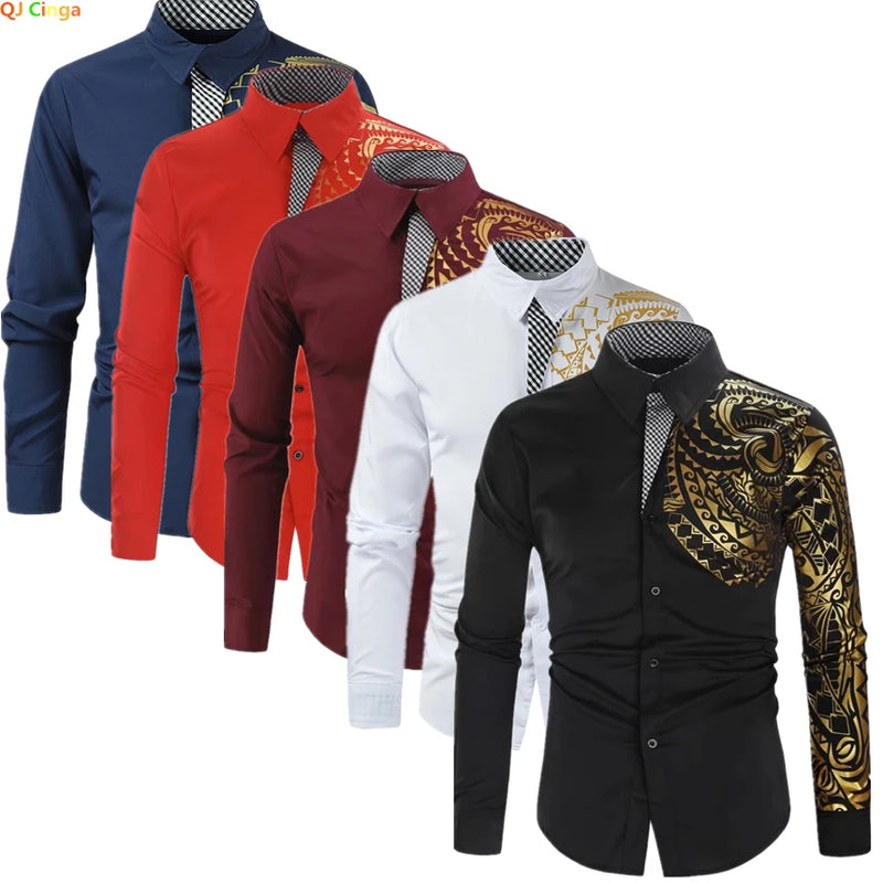 2026 Men's Black Long-sleeved Shirt, Gold Printed Shirts, Fashion Casual Tops Red White Blue Camisa Men Chemise XS S M L XL XXL