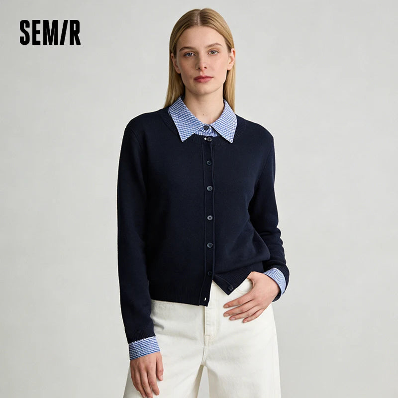 Semir Knit Cardigan Short Spring Detachable Plaid Collar Panel Versatile Office Layering Top Women 2025