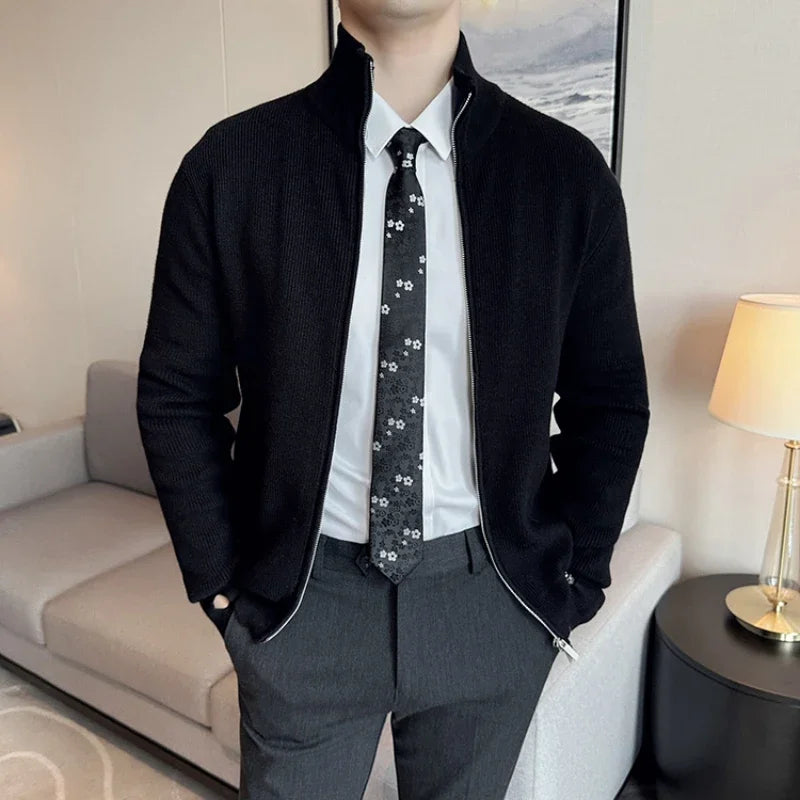 Autumn and Winter Stretch Solid Color Zipper Cardigan, Daily Casual Men's Business Casual Sweater.Stand-up Collar Coat