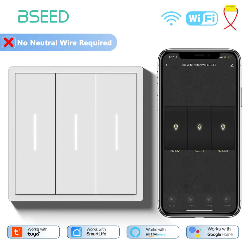 BSEED WIFI Button Light Switch 1/2/3/4Gang Smart Switch Plastic Frame Tuya Smart Life Alexa Voice Control Without Neutral Line