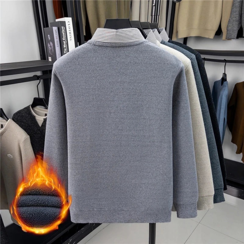 Men's Faux Two-Layer Sweater, Plaid Collar Thickened Warm, Gold Medal Quality, Thickened Collar Pullover Shirt