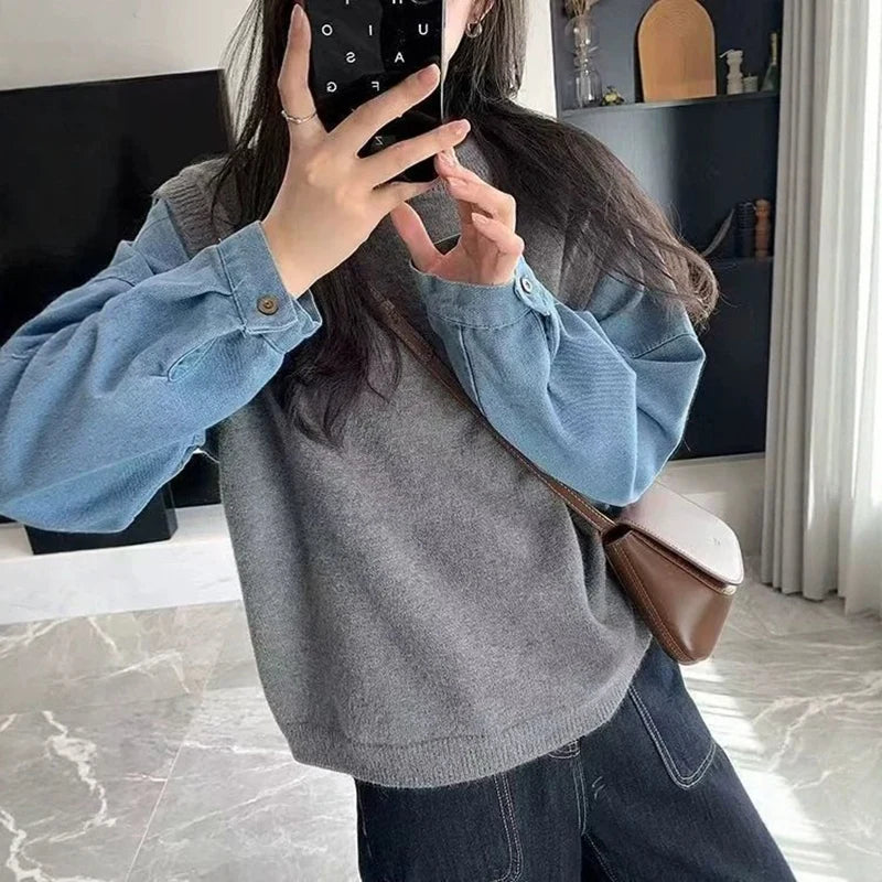 Autumn Winter New Lazy Sweater Knitted Denim Sleeve Splicing Fake Two-piece Women's Top Trendy Pullover Knitwear Clothes
