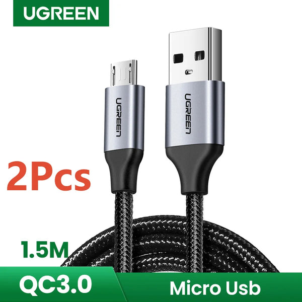 ខ្សែសាក UGREEN 2 ដុំ មីក្រូយូអេសប៊ី 2A សាកលឿន 1.5 ម៉ែត្រ សម្រាប់ Samsung Xiaomi HTC USB Charger Data Cable Mobile Phone Cable