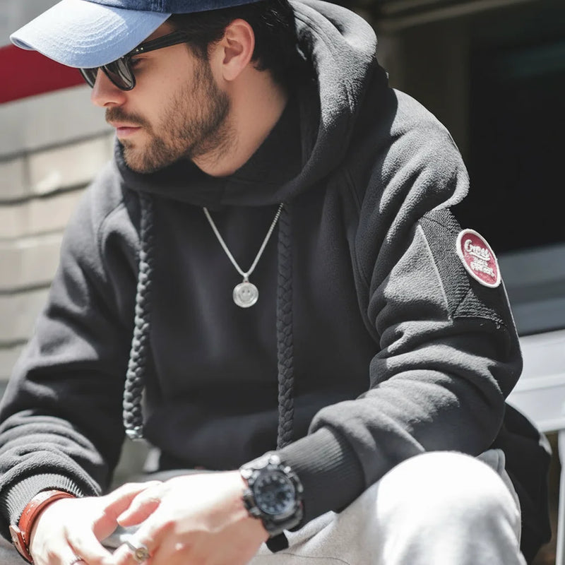 Maden 2024 Autumn Winter Casual Heavyweight Hoodie Men's Black Versatile Thickened Fleece Pullover Loose Warm Hooded Sweatshirt