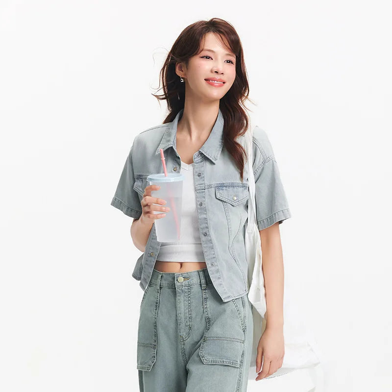 Semir Women Shirt Denim Short Length Loose Drop Shoulder Slit Slim Fit Cool Petite Street Style Top 2026 Summer Fashion Casual W