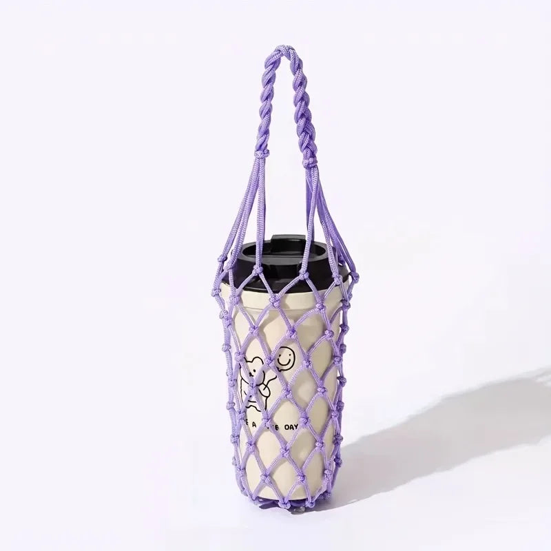 1pc Handwoven Reusable Cylindrical Mesh Bag,Reusable, Hand-Held Water Kettle Bag,Drink Bag,Portable for Beach,Picnics,Travel.