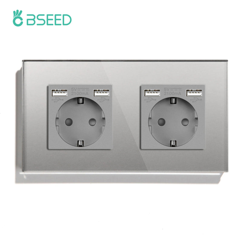 BSEED EU Wall Sockets Double Power Outlets White Black Double Frame USB Type-C Phone Charge Port Glass Panel Kids Protection 16A