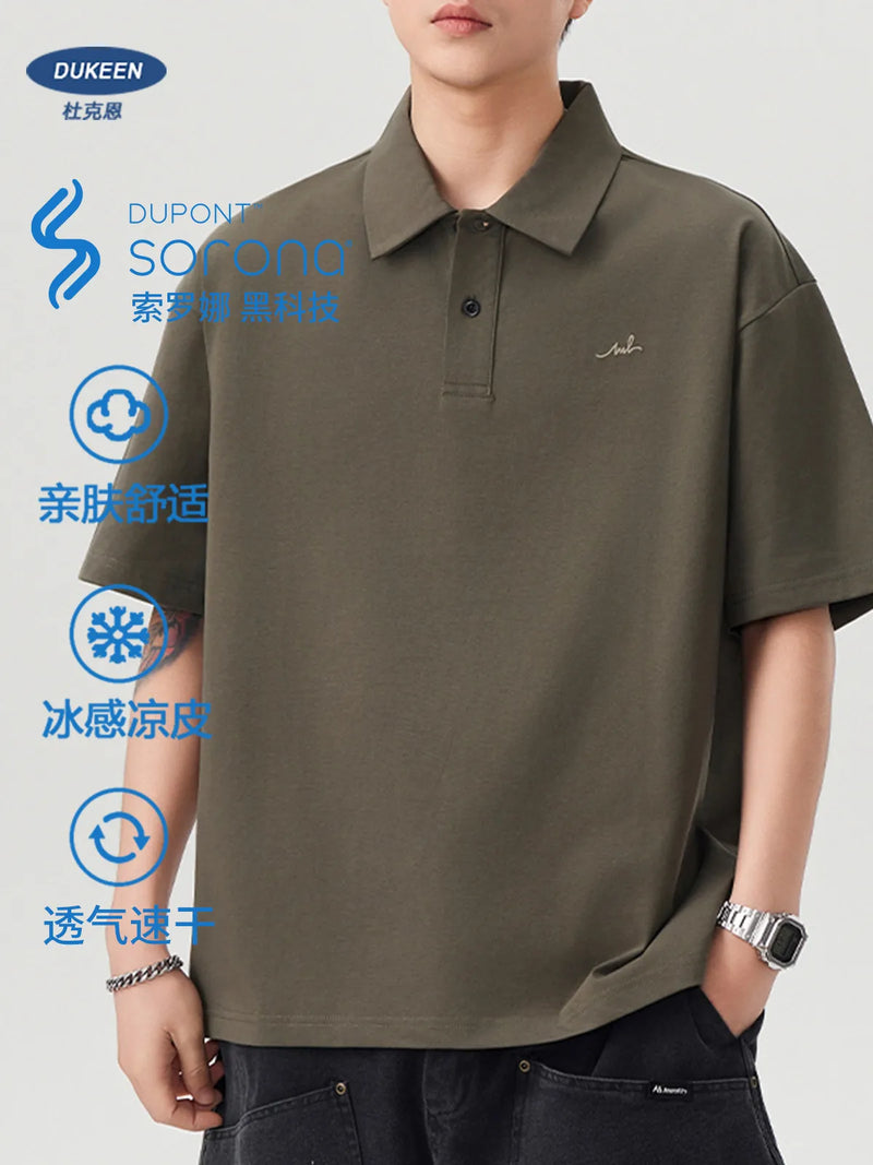 DUKEEN Men Quick Dry Polo Shirt Summer Cooling Sorona Lightweight Loose Embroidery Casual Turn Down Collar T Shirt