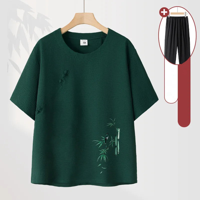 ឈុតអាវយឺតដៃខ្លី XL-4XL រដូវផ្ការីក រដូវក្តៅ ខោ ឈុតសម្រាប់ស្ត្រី សម្លៀកបំពាក់នៅផ្ទះ កប្បាស ឈុតពីរដុំសម្រាប់ម្តាយវ័យកណ្តាល