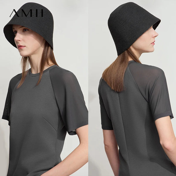 Amii Women Minimalist Summer Top 2026 New Style Versatile O-Neck Mesh Yarn Air Layer Slim Fit Slimming Casual T-Shirt 12522152