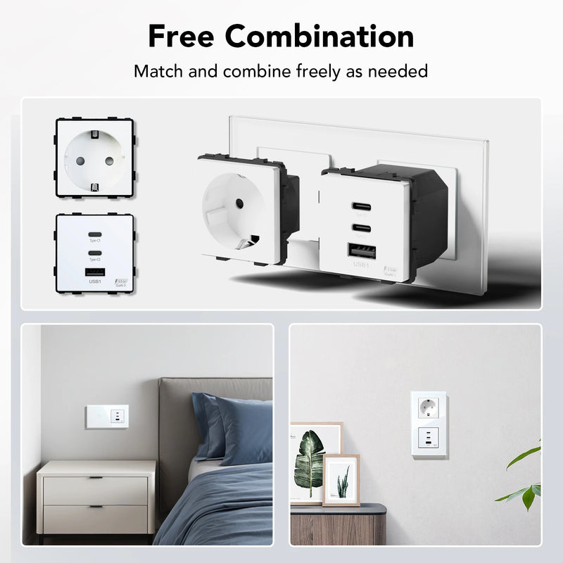 BSEED GaN3 Universal Socket 65W PD Fast Charge Port USB Type-C Quick Charge With Wall Power Socket Glass Panel 100V-240V