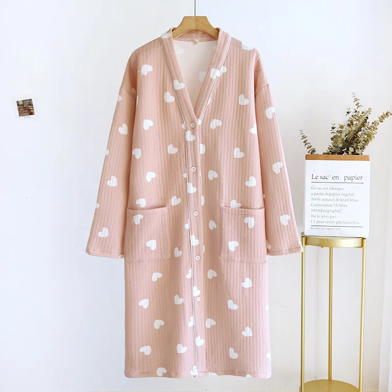 Air Layer Cotton V-Neck Cardigan Dress Long Sleeve Women's Autumn Winter Nightdress Loose Thicken Warm Nightgowns Female