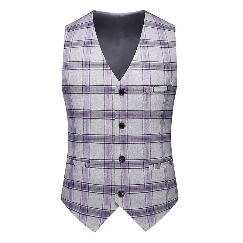 2026 Men's Gray-Purple Striped Plaid Suit Vest, Asian Sizes Red Slim Vests, Single-breasted V-neck Waistcoat, M-4XL 5XL 6XL