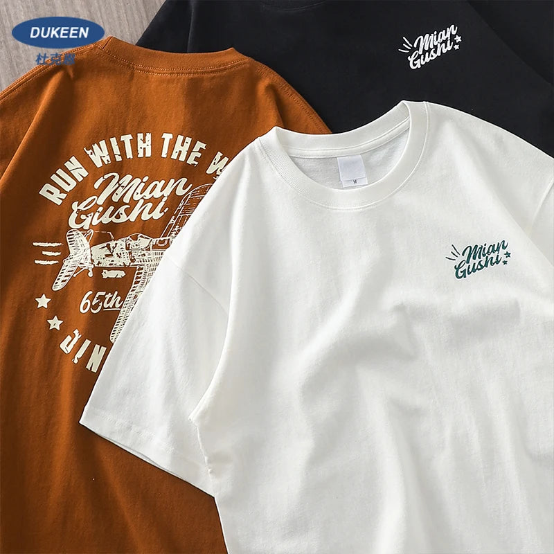 Dukeen 11.2oz Heavyweight Short-Sleeved T-Shirt for Men Summer Vintage Trend Printed 100% Cotton Shirts Man's White Tops 320G