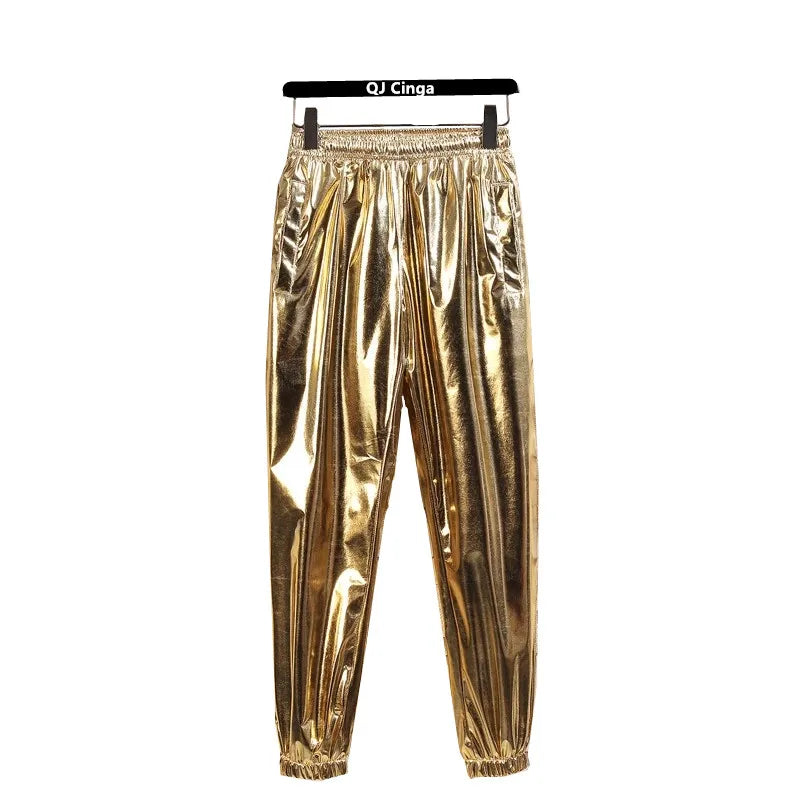 Gold Mens Pants, Elastic Waist Casual Trousers, Silver Fashion Loose Straight Leg Pant, Great for Dance Performances