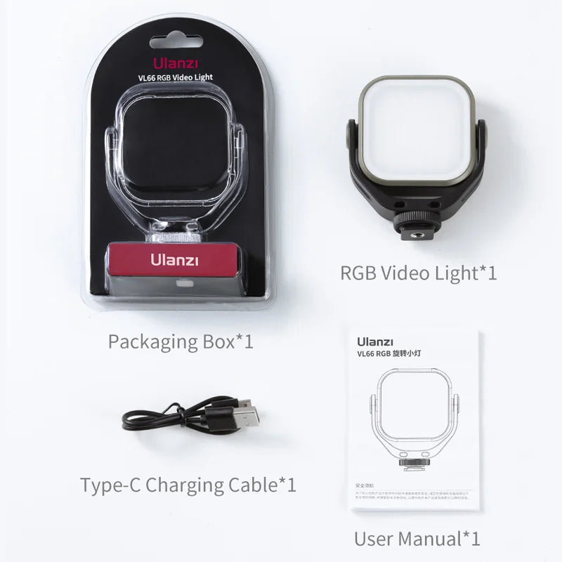 ភ្លើងវីដេអូ Ulanzi VL66 RGB 2500-6500K CCT បង្វិលបាន 360° ភ្លើងពេញ 2000mAh ជាមួយវីស 1/4 សម្រាប់ជើងកាមេរ៉ាថតវីដេអូ Vlog ផ្ទាល់