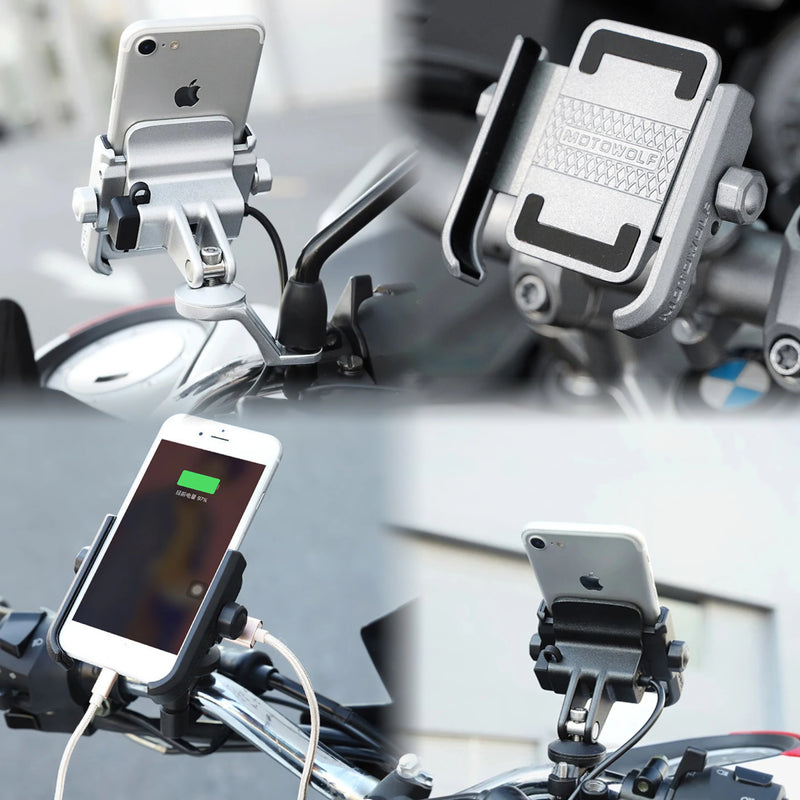 ជើងទ្រទូរស័ព្ទ Motowolf សម្រាប់ម៉ូតូ កង់ ម៉ូតូ បង្វិលបាន 360 ដឺក្រេ អាចដាក់ទូរស័ព្ទបានគ្រប់ម៉ូដែល មានរន្ធ USB អាលុយមីញ៉ូម