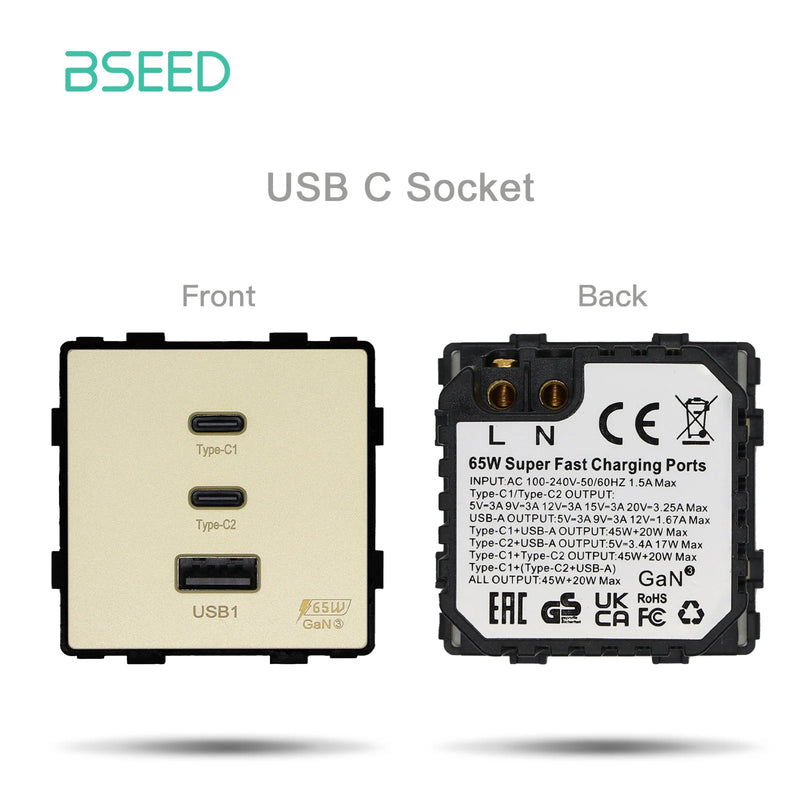 BSEED Universal Wall Sockets Function Part 65W PD Fast Charge Port USB Type-C Quick Charge Adapter DIY Module Part Without Frame