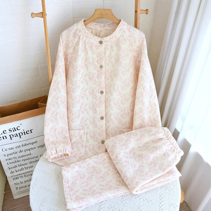 100% Cotton Double Gauze Pajama Set Breathable Muslin Sleepwear For Women Loungewear Thicken Autumn Winter Pijama Women Suit