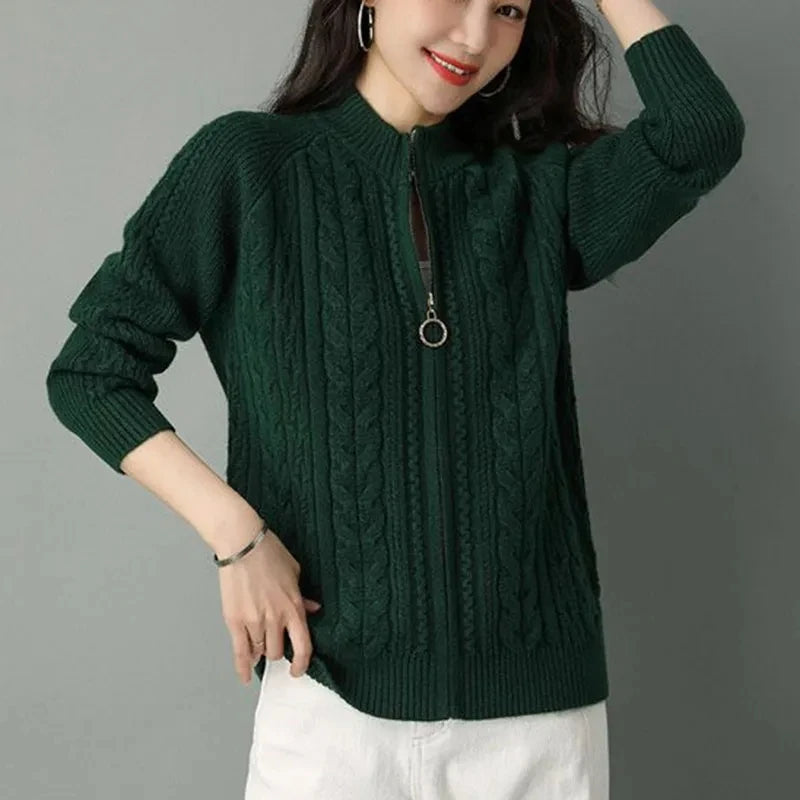 Half High Collar Zipper Knitted Cardigan Jacket Women Autumn Winter New Solid Color Long Sleeve Cardigans Thicken Sweater Coat