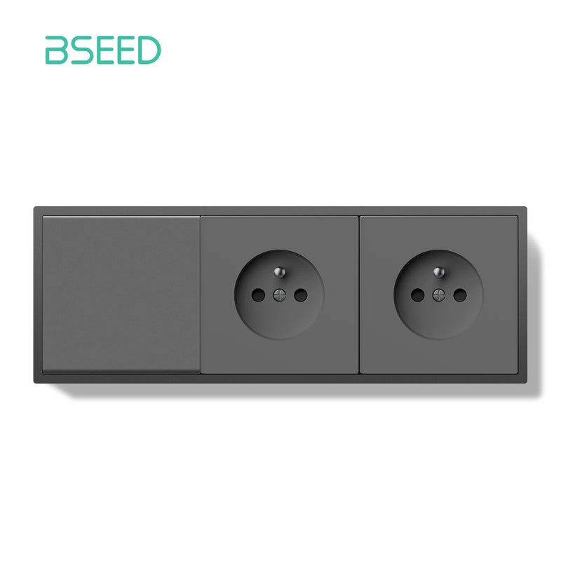 BSEED Mechanical Button Switch 1/2Gang 1Way With Wall French Socket Wall Light Switch Plastic Frame Switch On Off Black Color