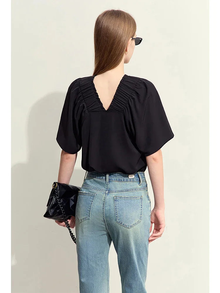 AMII Minimalism Women's Chiffon Blouses 2026 Summer New French Style Tops Loose Pullovers Office Lady White Shirts 72342022