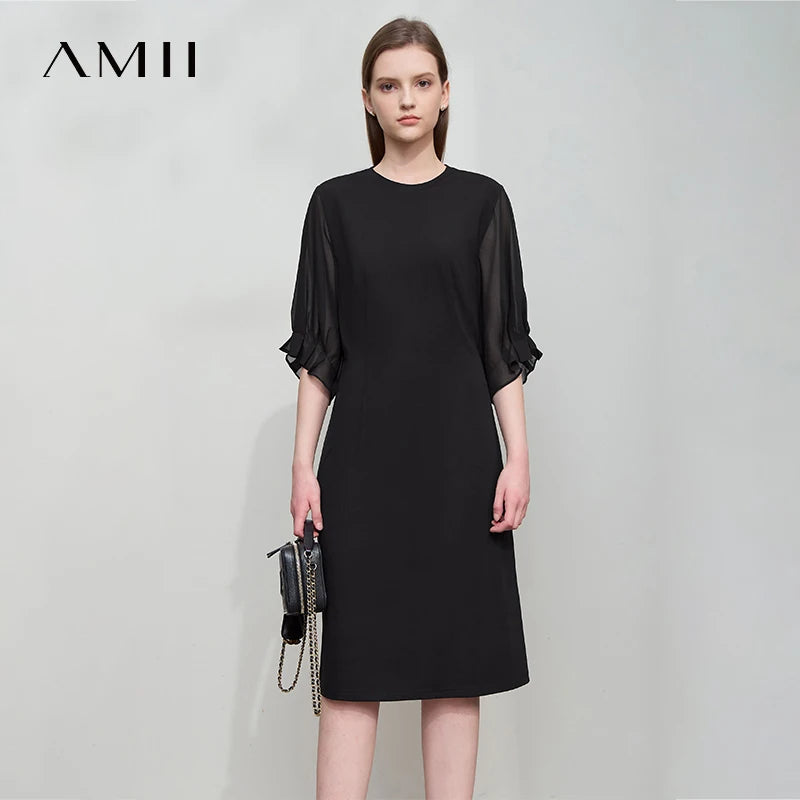 AMII Women 2026 Minimalism New Summer Elegant Dress Thin Chiffon Sleeves Slim Dress Birthday Dresses Luxury Black Dress 12522061