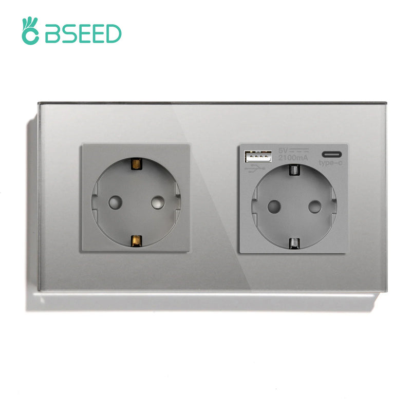BSEED EU Standard Sockets Single Wall Socket Double Frame Socket with USB Outlets Glass Panel Triple Type-C Sockets For Home
