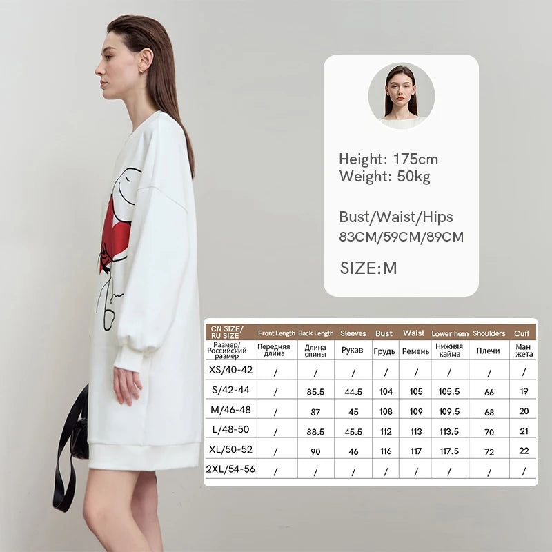 AMII Casual Dresses 2026 New Autumn Print Embroidery Long Sleeves Drop Shoulder Round Neck Pocket Loose Sweatshirt Dress12523017