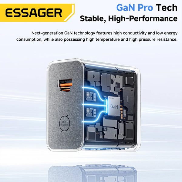 ឆ្នាំងសាក ESSAGER 65W GaN 2 ក្នុង 1 USB Type C ឆ្នាំងសាកដែលឆបគ្នាយ៉ាងពេញលេញ សាកថ្មលឿនសម្រាប់ iPhone 17 Samsung S26 MacBook Huawei កុំព្យូទ័រយួរដៃ