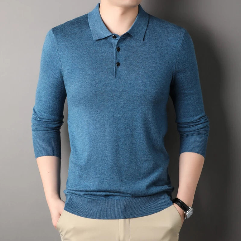 Solid Color Men's Wool Long-sleeve Shirt, Daily Autumn and Winter Warm Sweater, Business Casual Polo Shirt,Stretchable M-4XL